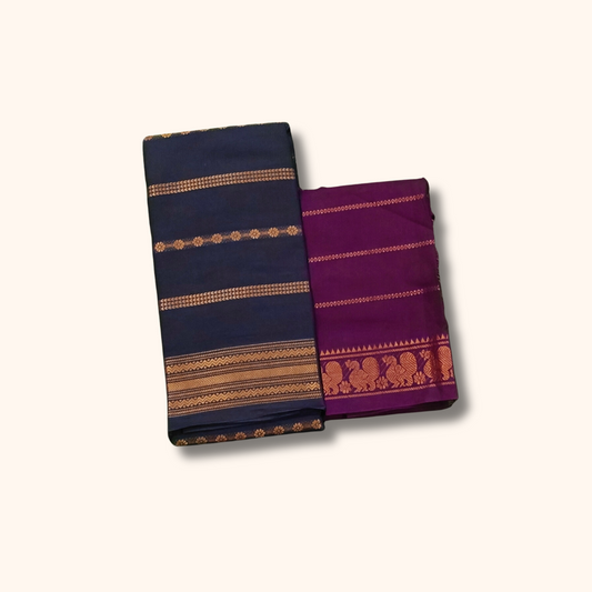 Navy Blue Cotton Sungudi Saree with Magenta Contrast Blouse – Traditional Cotton Saree