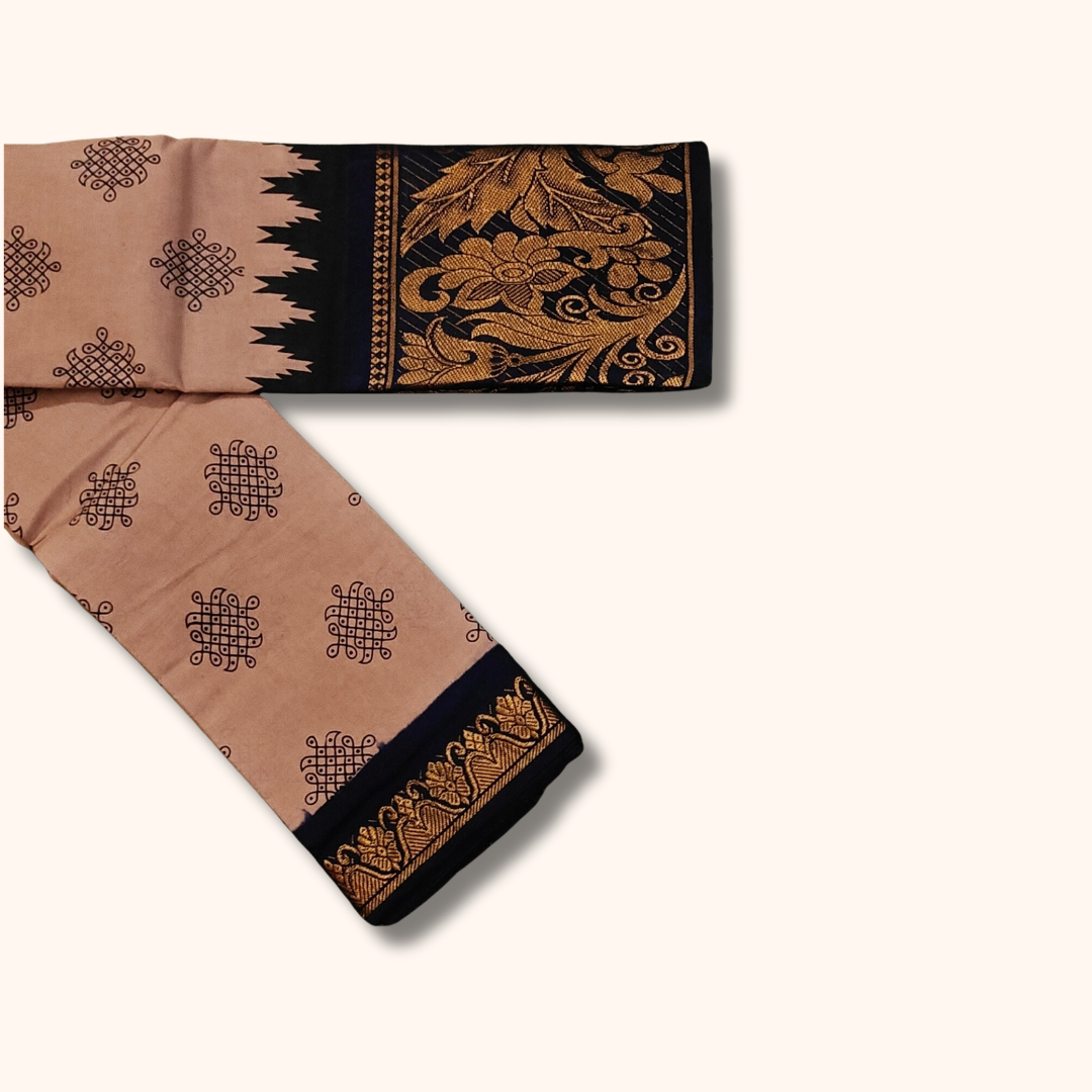 Cream & Black Floral Border Kolam Sungudi Cotton Saree