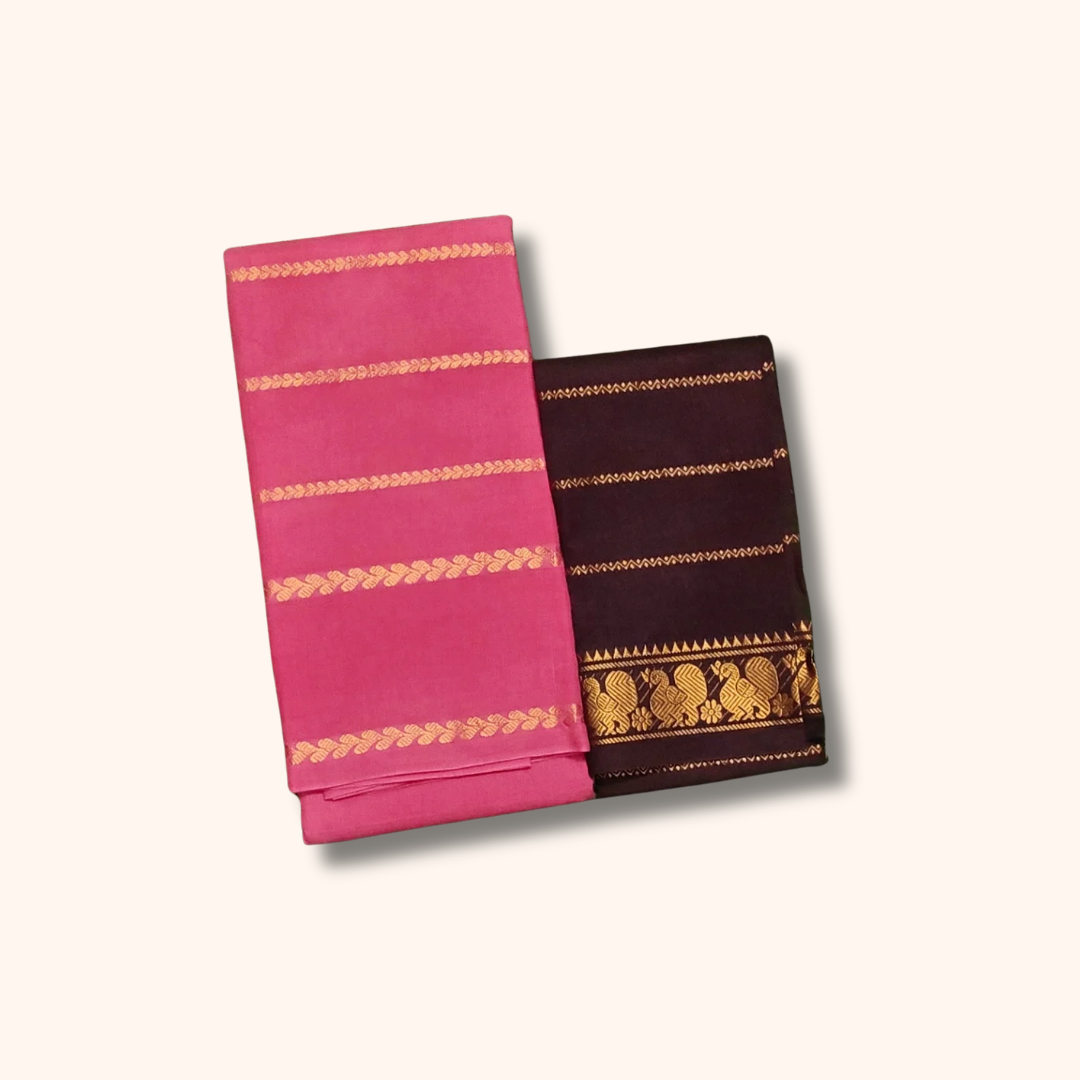 Rose Pink Cotton Saree with Contrast Maroon Blouse