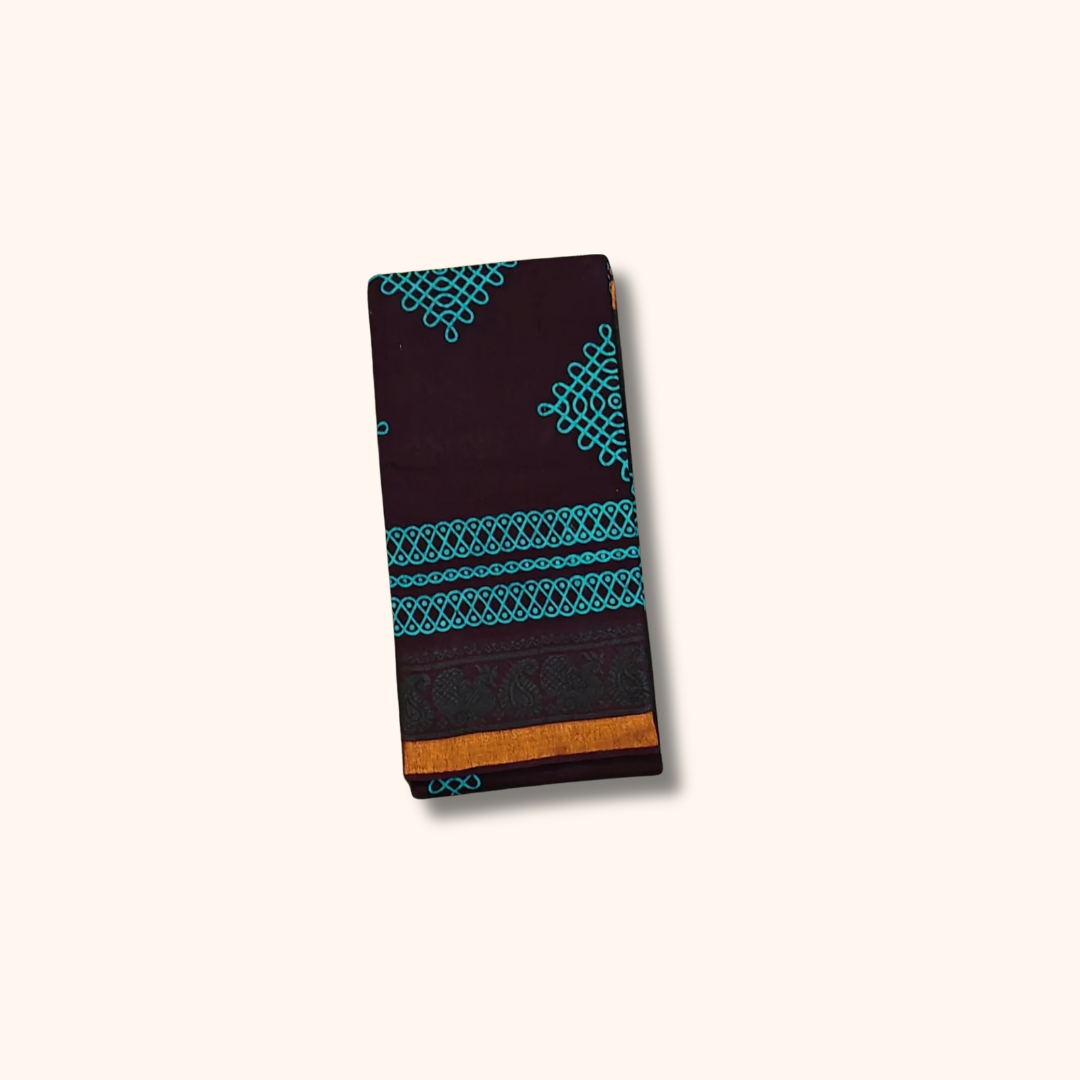 Coffee Brown Sungudi Cotton Saree with Blue Kolam Motifs – Without Blouse