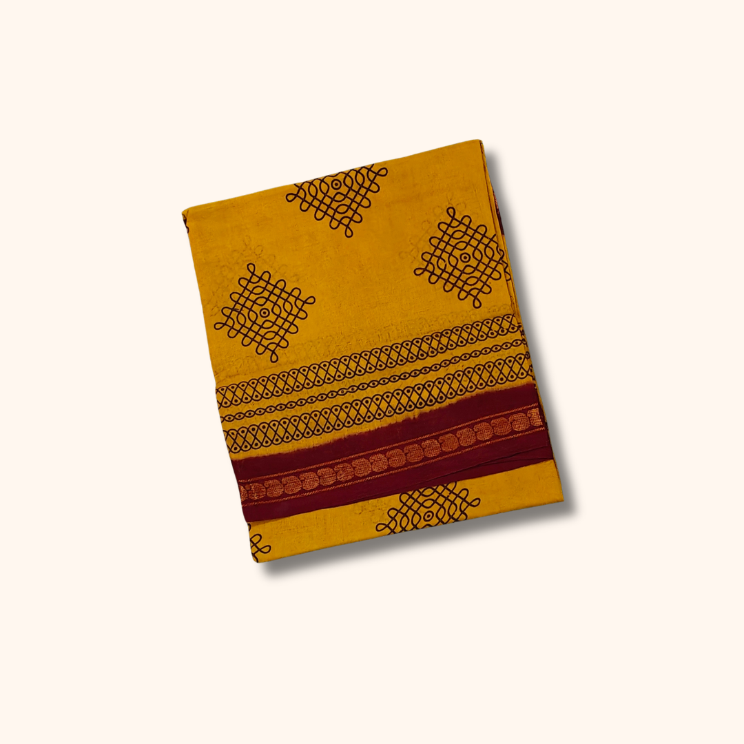 Olive Green Sungudi Cotton Saree with Maroon Temple Border