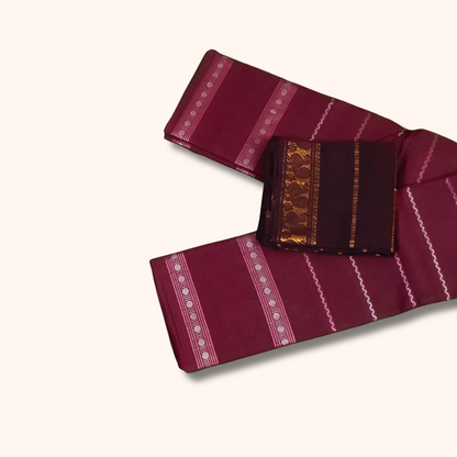 Wine Sungudi Cotton Saree with Silver Zari Border & Coffee Brown Separate Blouse