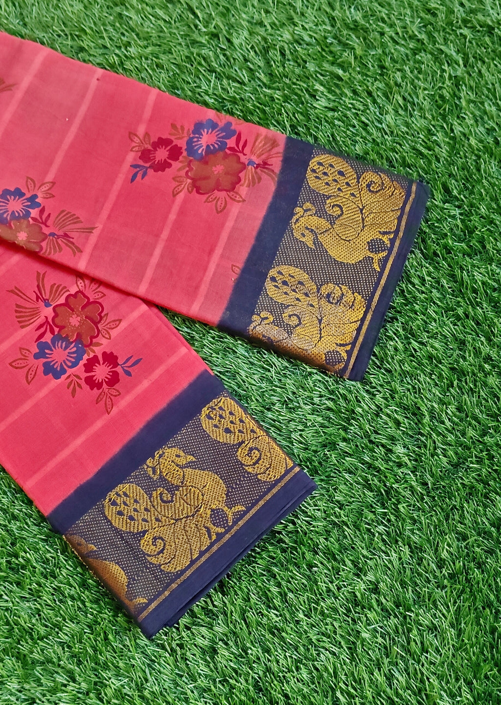 🌸 Elegant Pink Floral Cotton Saree with Rich Peacock Zari Border