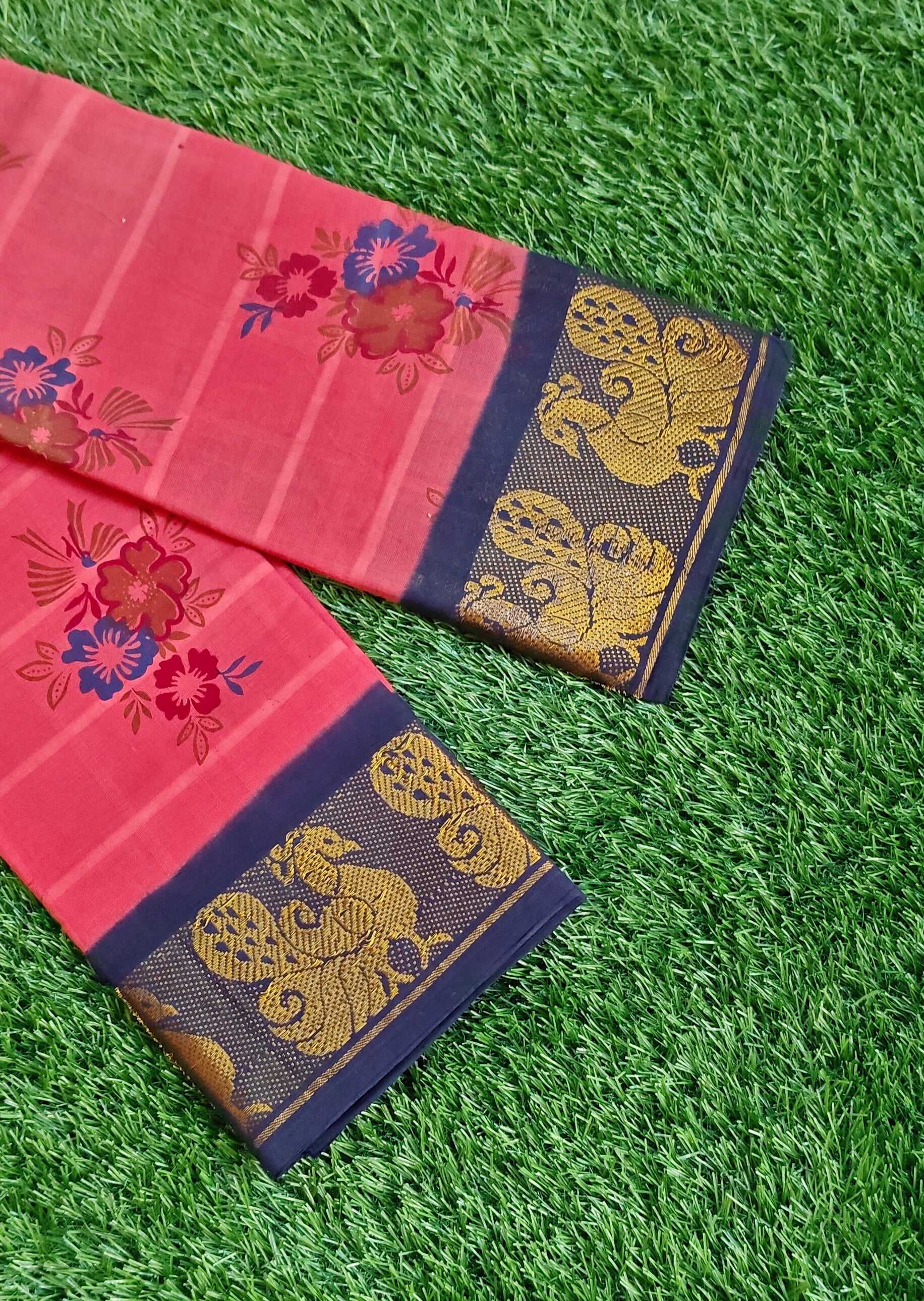🌸 Elegant Pink Floral Cotton Saree with Rich Peacock Zari Border