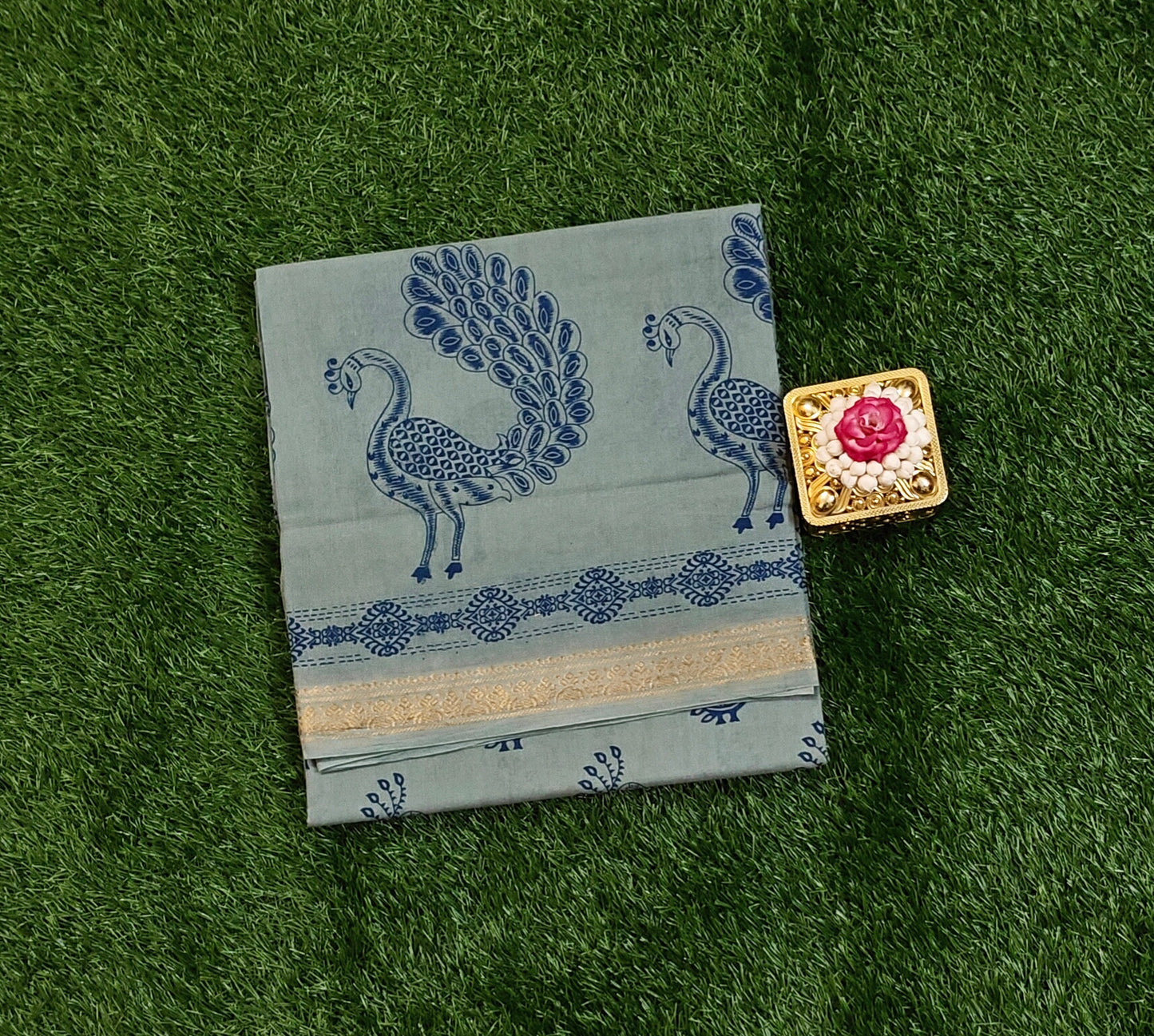 Authentic Grey Cotton Saree with Peacock Print Design