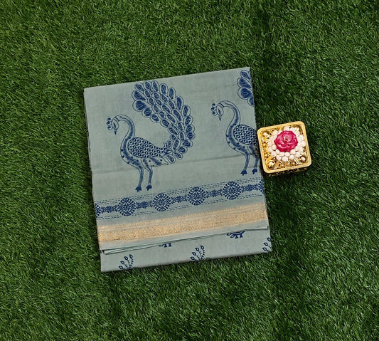 Authentic Grey Cotton Saree with Peacock Print Design