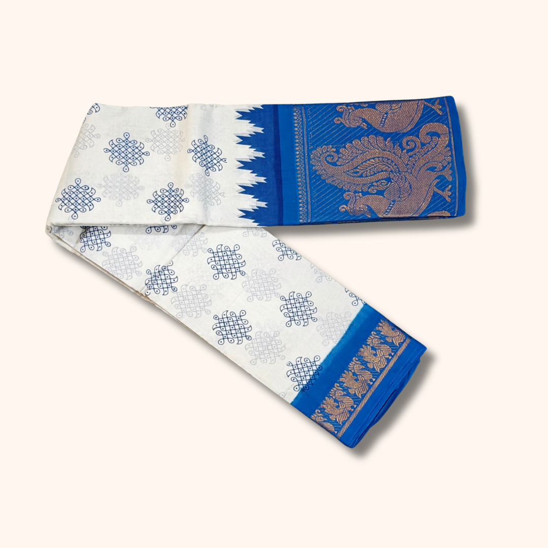 Cream Sungudi Cotton Saree with Royal Blue Contrast Peacock Zari Border