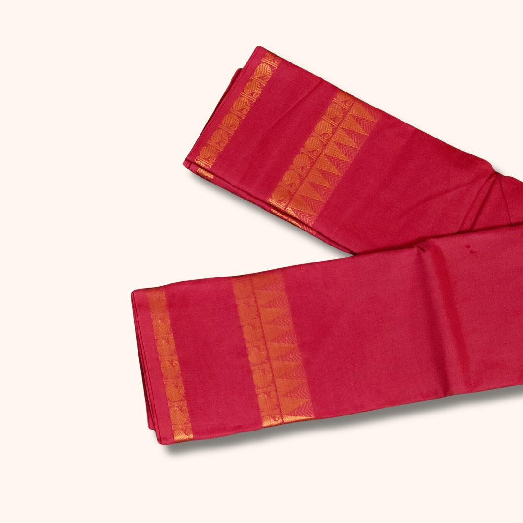 Red Cotton Saree with Gold Zari Stripes & Traditional Border – Running Blouse Included