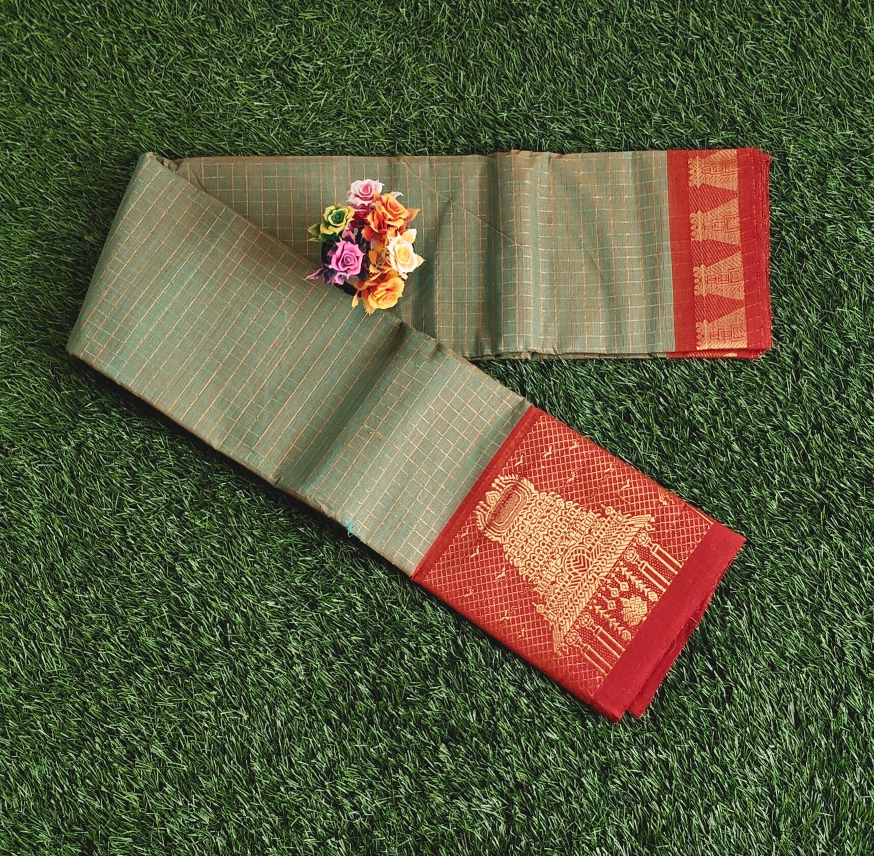 Chettinad Cotton Saree with Meenakshi Gopuram Border – Green Checks with Red Temple Border
