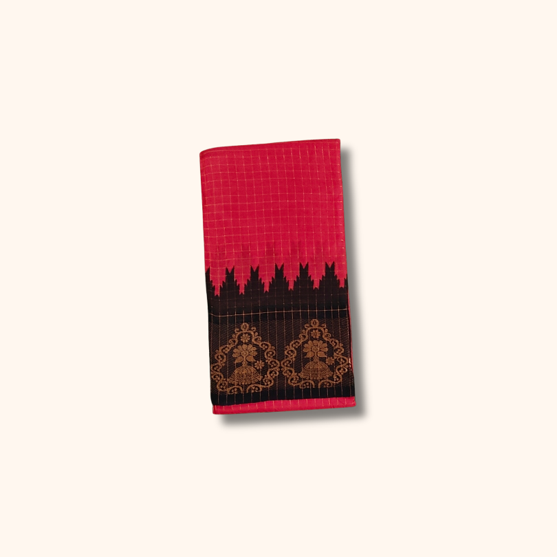 Red Pure Cotton Sungudi Saree with Black & Gold Floral Border