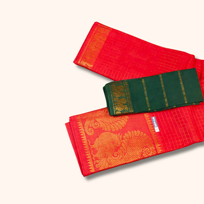 Red Checked Sungudi Cotton Saree with Peacock Zari Border