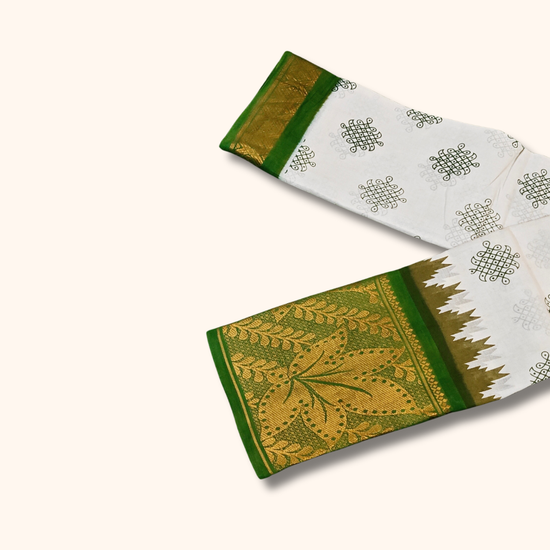 White & Green Floral Border Kolam Sungudi Cotton Saree