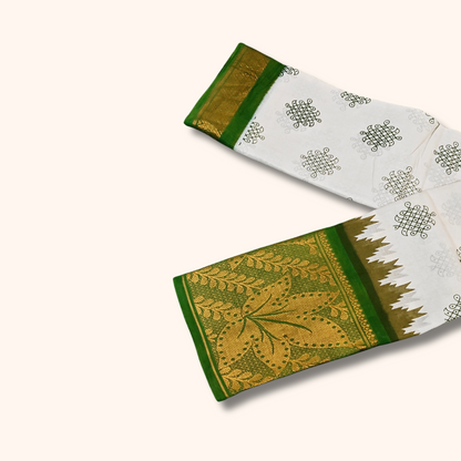 White & Green Floral Border Kolam Sungudi Cotton Saree