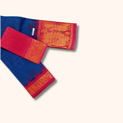 Royal Blue & Pink Checked Cotton Saree with Traditional Zari Border – Separate Blouse Piece
