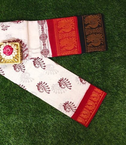 Off-White Cotton Peacock Design Double Border Saree with Red & Black Contrast Border