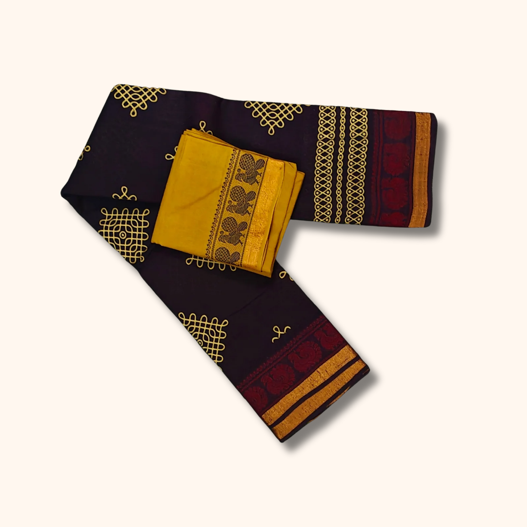 Dark Plum Sungudi Kolam Cotton Saree with Mustard Yellow Blouse Piece