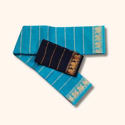 Sky Blue Cotton Saree with Navy Blue Contrast Blouse – Traditional Peacock Border Saree
