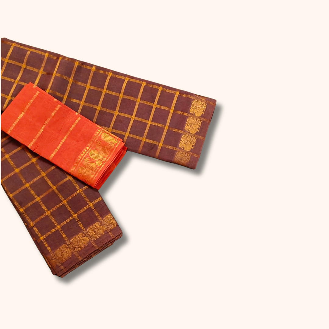 Coffee Brown Checked Saree with Golden Zari Checks & Traditional Motif Border – Separate Blouse Piece