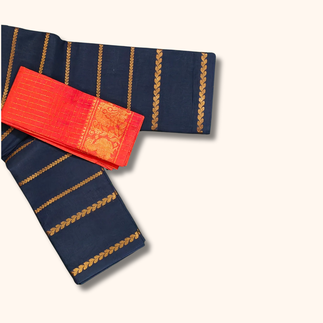Navy Blue Sungudi Cotton Saree with Gold Stripes & Contrast Red Blouse Piece