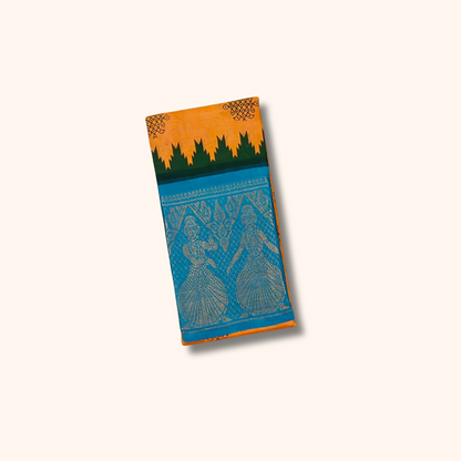 Mustard Yellow Kolam Cotton Saree with Sky Blue Dancing Girl Zari Border