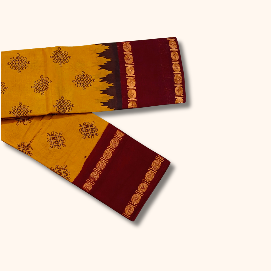 Mustard Yellow Sungudi Cotton Saree with Maroon Traditional Border – Running Blouse