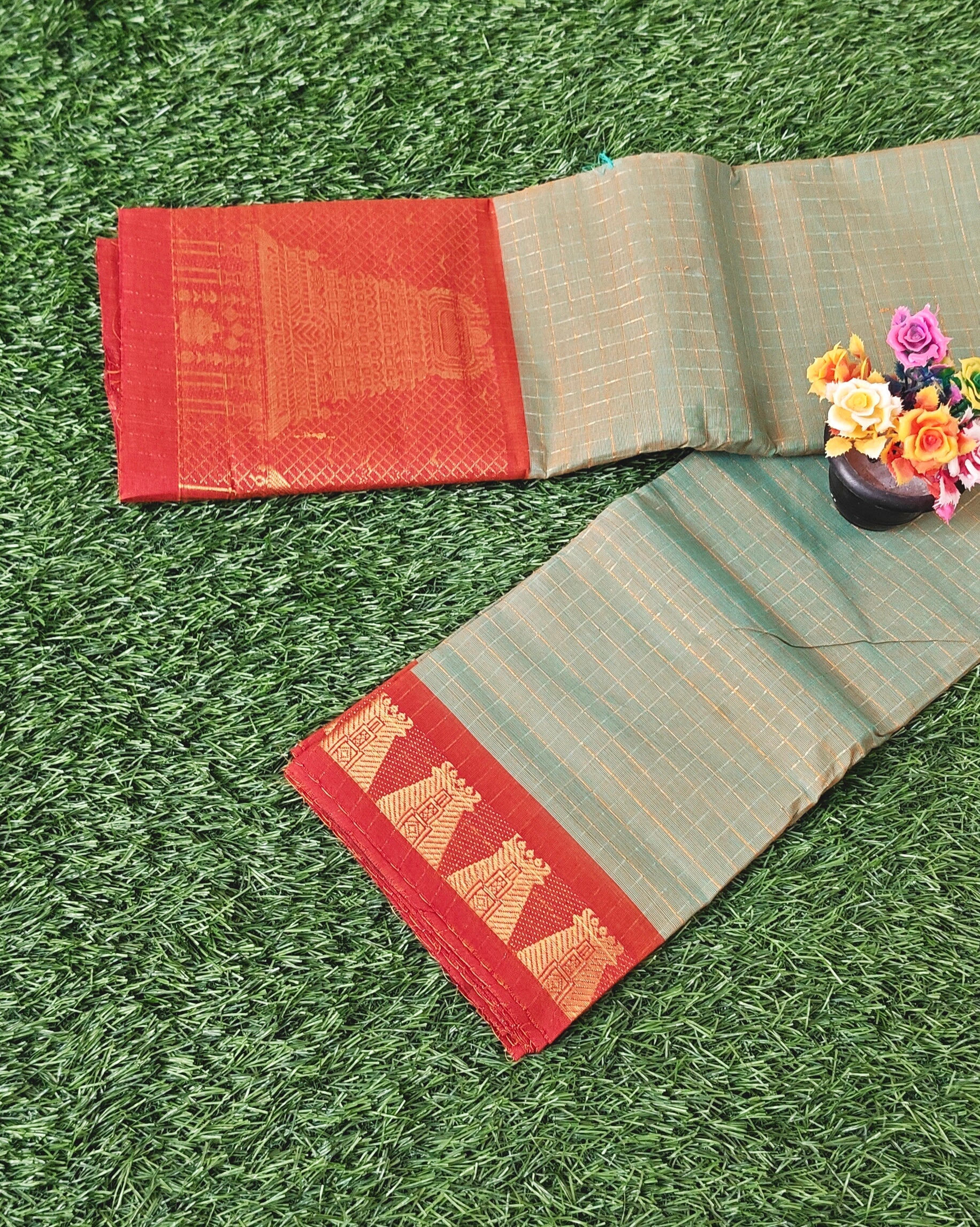 Chettinad Cotton Saree with Meenakshi Gopuram Border – Green Checks with Red Temple Border