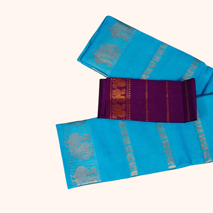 Turquoise Blue Cotton Saree with Silver Peacock Border & Purple Separate Blouse Piece
