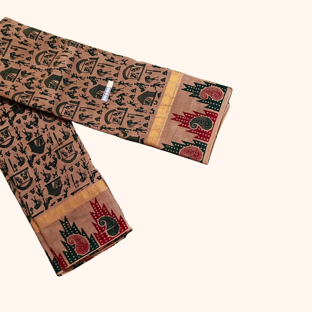 Beige Cotton Saree with Traditional Kalamkari-Inspired Prints & Multicolour Border – Running Blouse