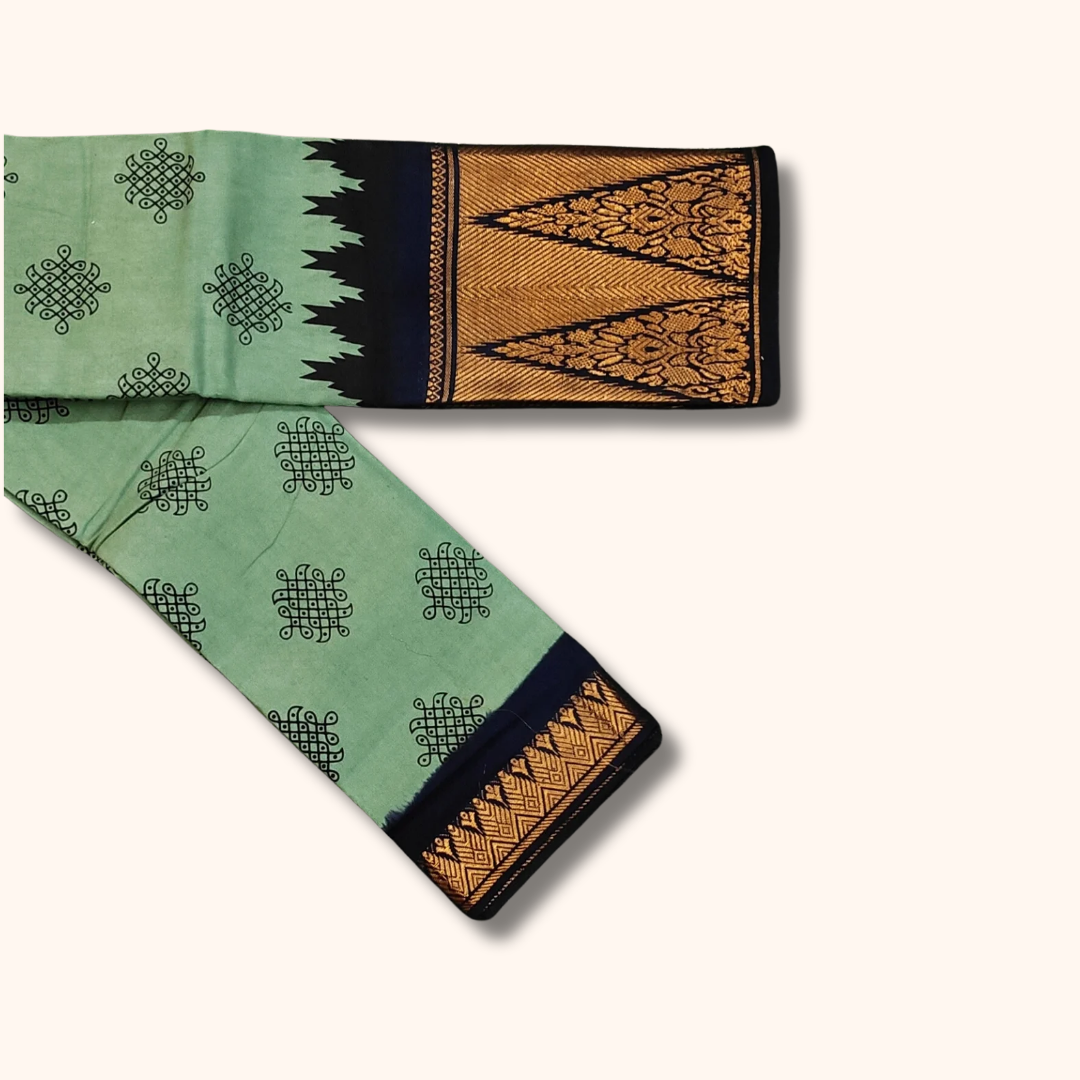 Mint Green Kolam Sungudi Cotton Saree with Black Floral Temple Border