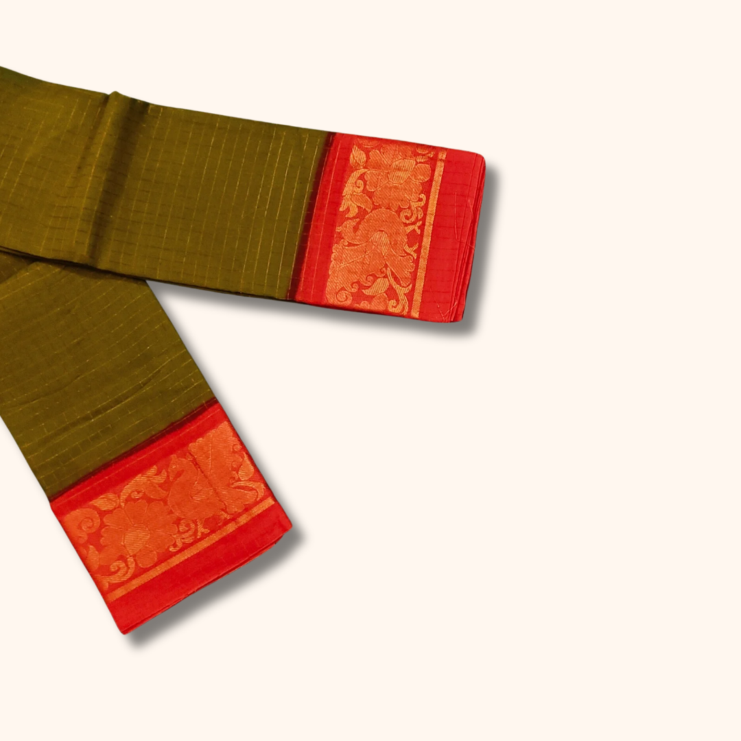 Olive Green Chettinad Cotton Saree with Red Floral Border