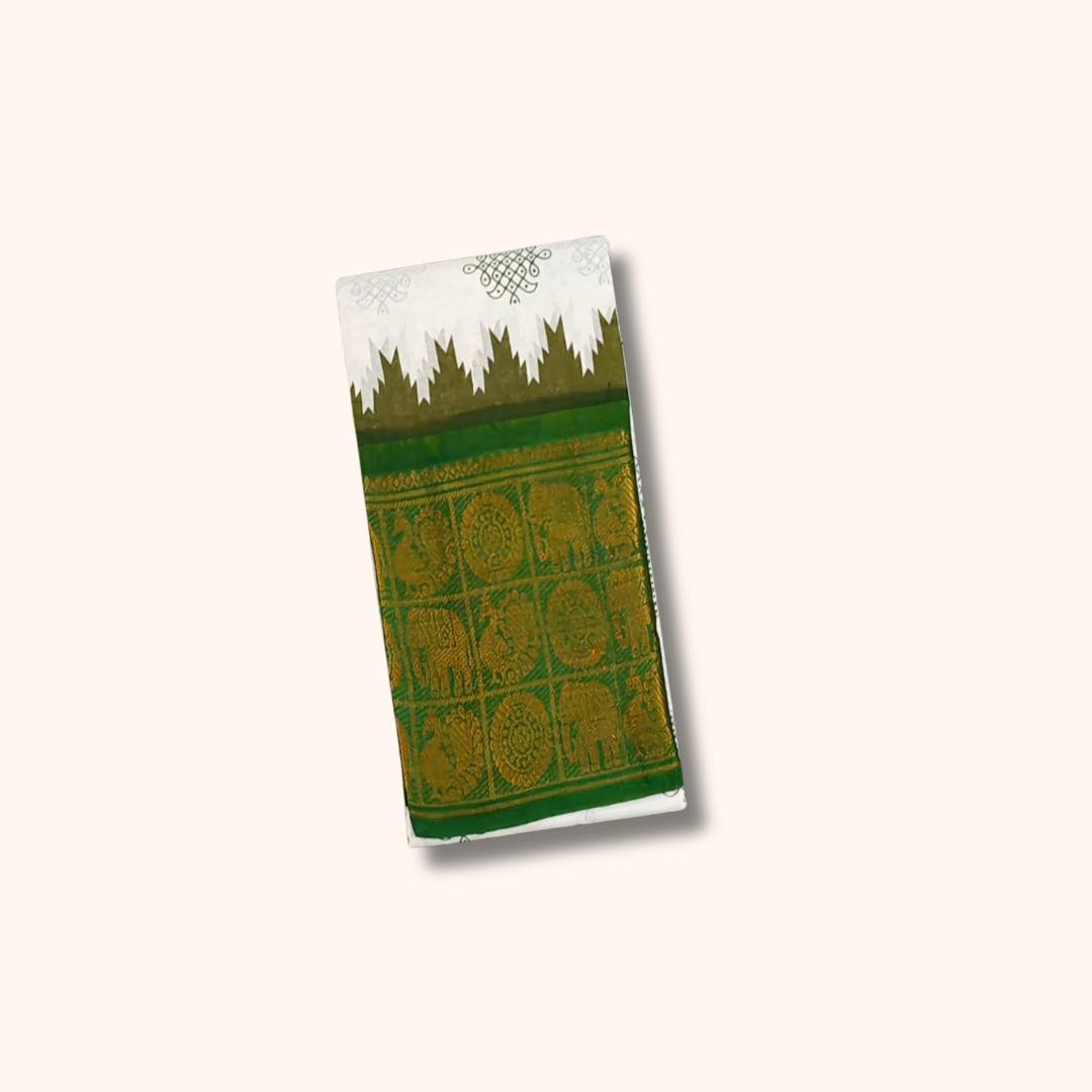 Cream Sungudi Cotton Saree with Bottle Green Elephant Zari Border