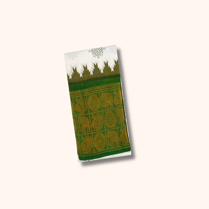 Cream Sungudi Cotton Saree with Bottle Green Elephant Zari Border
