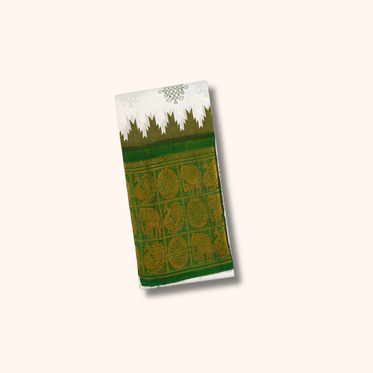 Cream Sungudi Cotton Saree with Bottle Green Elephant Zari Border