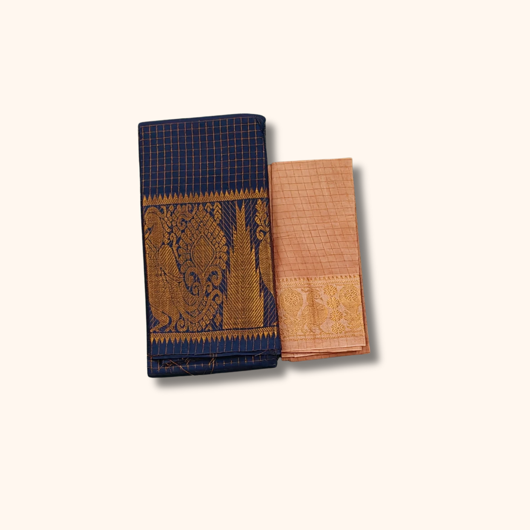 Navy Blue Sungudi Cotton Saree with Gold Zari Peacock Border & Beige Separate Blouse