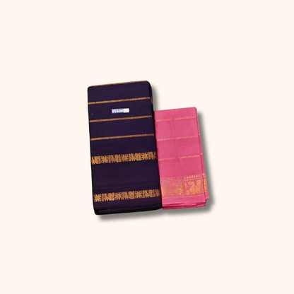 Navy Blue Pure Sungudi Cotton Saree with Gold Zari Stripes & Pink Blouse Piece