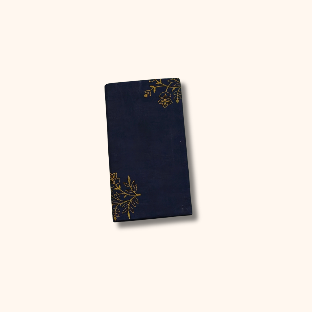 Navy Blue Pure Sungudi Cotton Saree with Gold Floral Motifs & Peach Single-Side Border – No Blouse