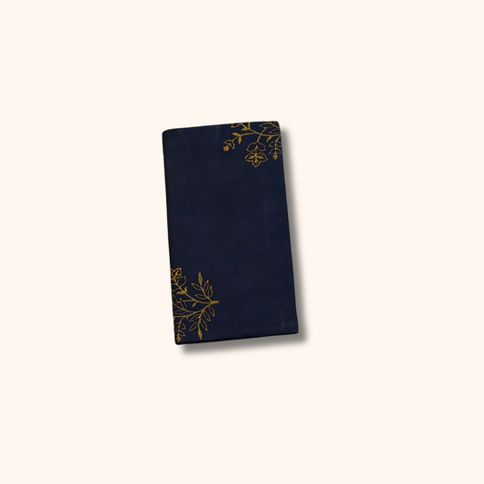 Navy Blue Pure Sungudi Cotton Saree with Gold Floral Motifs & Peach Single-Side Border – No Blouse