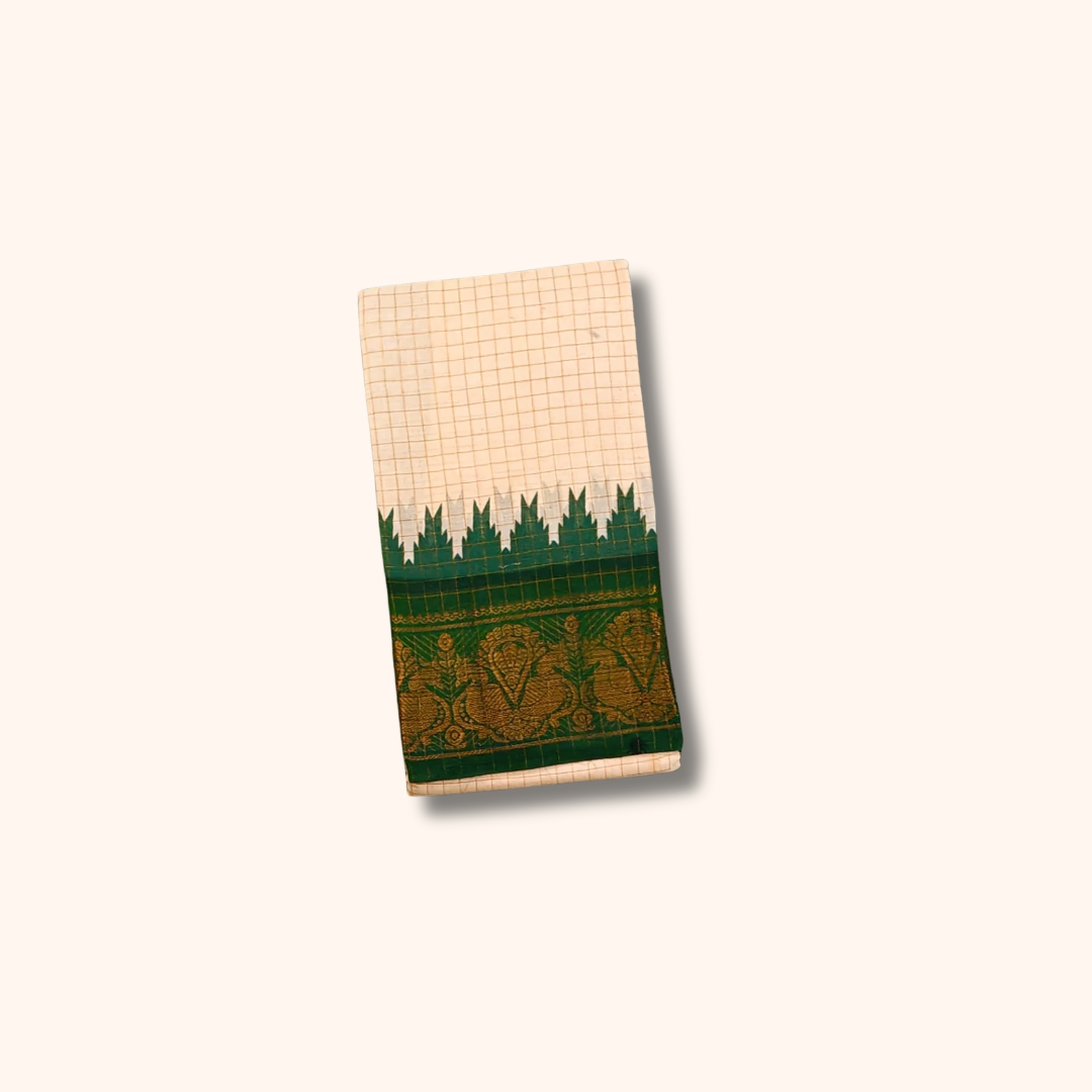 Off-White Checked Sungudi Cotton Saree with Bottle Green Peacock Zari Border