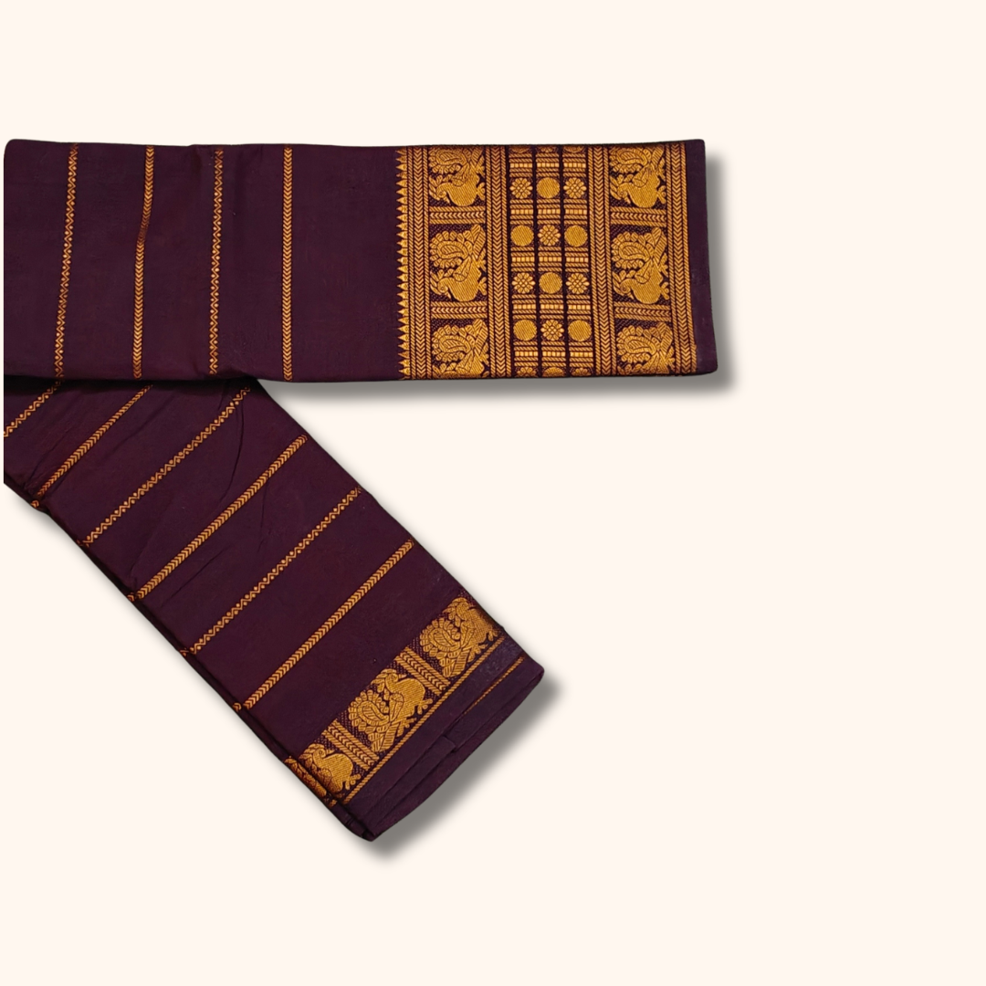 Coffee Brown Cotton Saree with Gold Traditional Border – Running Blouse
