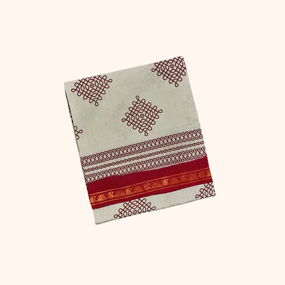 Ivory Kolam Sungudi Cotton Saree with Red Border