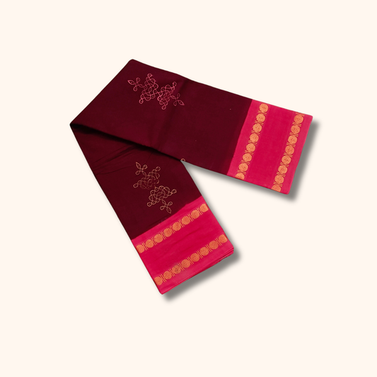 Maroon Cotton Saree with Pink Border – Running Blouse