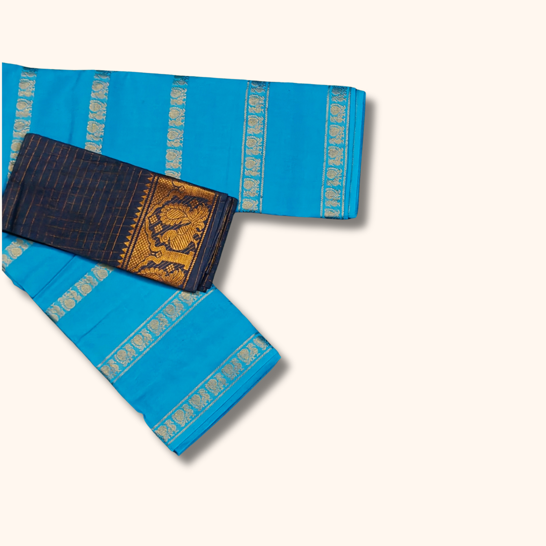 Sky Blue Cotton Saree with Silver Zari Stripes & Separate Blouse