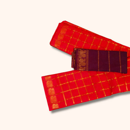 Tomato Red Checked Saree with Golden Zari Checks & Traditional Motif Border – Separate Blouse Piece