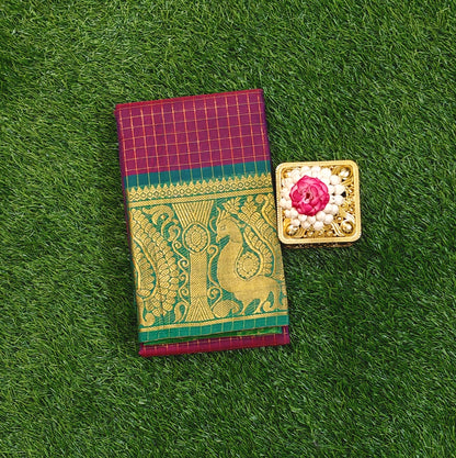 Rose Pink Chettinad Cotton Saree with Gold Zari Checks