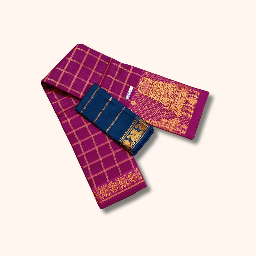 Purple Sungudi Cotton Saree with Gold Zari Checks & Designer Pallu – Separate Blouse Piece