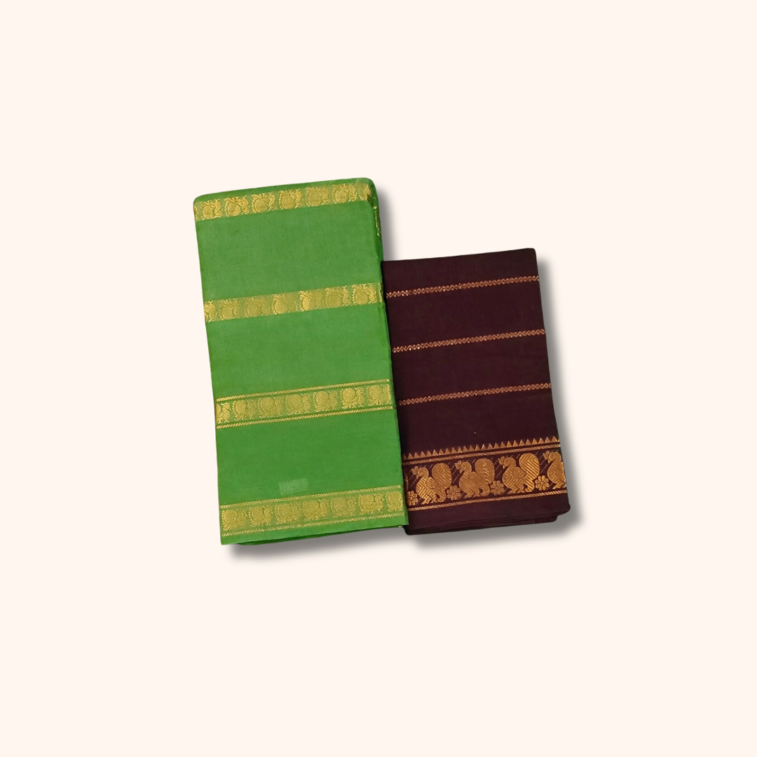 Parrot Green Cotton Saree with Gold Zari Stripe Border & Separate Maroon Blouse
