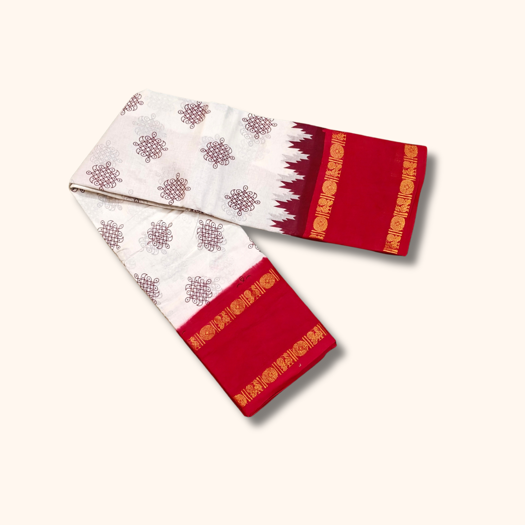 White Cotton Saree with Bright Red Temple Border – Running Blouse