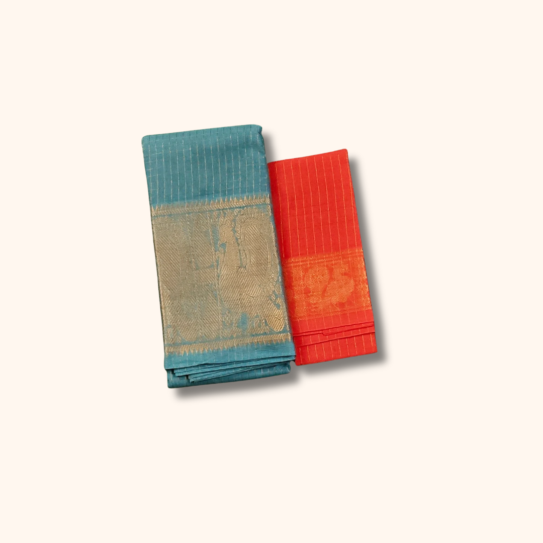 Turquoise Blue Sungudi Cotton Saree with Gold Zari Peacock Border
