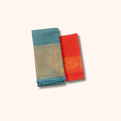 Turquoise Blue Sungudi Cotton Saree with Gold Zari Peacock Border
