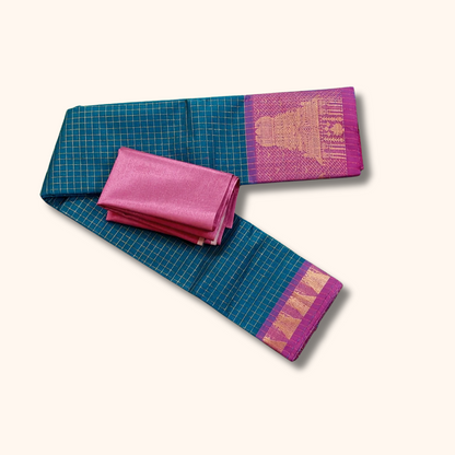 Teal Blue Chettinad Cotton Saree with Pink Temple Border & Gold Zari – Separate Blouse Piece